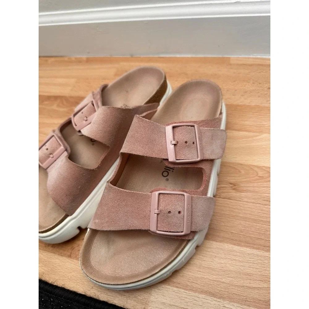 Papillio Birkenstock Arizona Sandals Women 38 Pink Suede Platform Lug Sole Slide